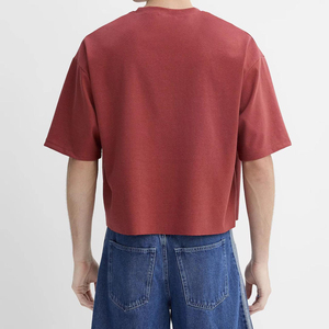 T-shirt court oversize pour homme, rouge, manches courtes, col rond, décontracté, en jersey de coton, couleur unie, tricoté, coupe ajustée - Product Image 3