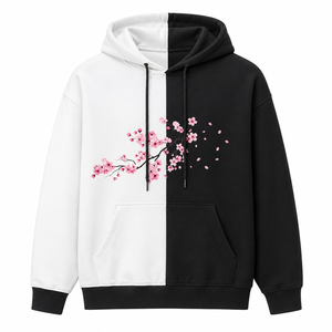 Sweat à capuche unisexe surdimensionné personnalisé, imprimé floral cerisier noir et blanc, style streetwear, en polaire, pour hommes et femmes - Product Image 2
