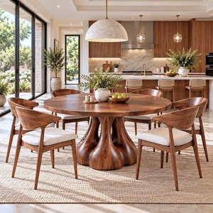 Table à manger ronde en noyer, style mid-century modern, base en bois massif, 4-6 places, fabriquée au Vietnam - Product Image 2