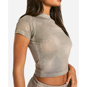 Camiseta Corta de Punto de Algodón Gris para Mujer, Cuello Redondo, Manga Corta, Informal, Verano, Transpirable, Color Sólido, Estilo Urbano - Product Image 4