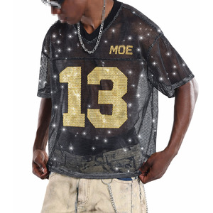 Maillot de football américain en maille transparente avec strass dorés de qualité supérieure, vêtements d'équipe personnalisés, fabrication OEM en gros, usine de vêtements de sport - Product Image 1