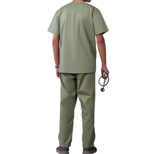 Men Olive Green Scrub Set Short Sleeve V-Neck Top and Pants Cotton Polyester Hospital Uniform for Medical Use - Product Image 1