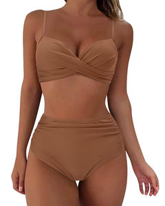 Women's Two Piece Bikini Set <b>Crossed</b> Halter <b>Top</b> High Waist Plant Print Bottom Swimwear Stretch Fabric - Product Image 4