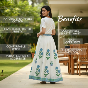 กระโปรงยาวลายดอกไม้สไตล์โบฮีเมียน 36 ลาย คอลเลคชั่น Kali ผ้าฝ้ายพิมพ์ลายด้วยมือ พร้อมซับใน Astar และขอบตัดเย็บแบบคอนทราสต์ - Product Image 3