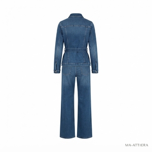<b>Women</b> Summer <b>Blue</b> Washed Denim Belted Jacket and Wide Leg <b>Jeans</b> Set Casual Two Piece Matching Denim Outfit Streetwear Fashion - Product Image 4