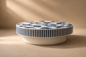 Modern <b>Round</b> Coffee <b>Table</b> Blue <b>White</b> Patterned Tea <b>Table</b> Living Room Home Office Wood Accent Furniture - Product Image 4