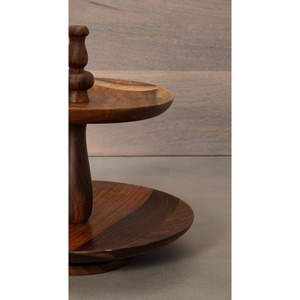 Rustic Wooden Two-Tier <b>Cake</b> <b>Stand</b> Crafted With Natural Dark Wood Grain Turned Central Spindle Pillar Handle For Serving & Decor - Product Image 5