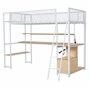 White Twin Size Metal Loft <b>Bed</b> with Built-in Work Station & <b>LED</b> Multiple Storage Compartments - Product Image 5