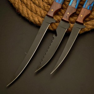 Ensemble de couteaux à filet faits main sur mesure en acier carbone, écologiques, compatibles lave-vaisselle, ambidextres, modernes, avec manche en bois forgé - Product Image 4
