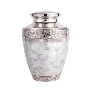 Classic Metal Urn Mother Pearl Inlay Handmade Traditional Modern Art Deco Sympathy Gift <b>Vase</b> Cylindrical Shape Eco-Friendly - Product Image 1