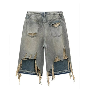 Men’s Grey Distressed Ripped Denim Shorts Frayed Hem Layered Design Loose Fit Knee Length Baggy Jean Shorts Casual Streetwear - Product Image 4