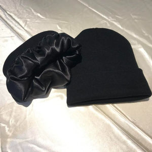 Unisex Black Knit <b>Beanie</b> With Faux Leather Face Cover 100% Acrylic Hand <b>Knitted</b> Casual Winter Hat For Adults - Product Image 4