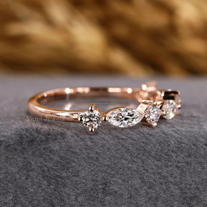 มาร์คีสแลปโตเพชร14K แข็งทองสีเหลืองทองที่ไม่ซ้ำกันครึ่งวงแหวนหมั้นครบรอบแต่งงานแหวนซ้อน - Product Image 3