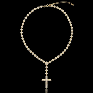 Chaîne de perles en moissanite argentée avec pendentif croix 5 mm, ton blanc et jaune, ensemble de bijoux hip-hop de luxe, collier croix avec perles - Product Image 3