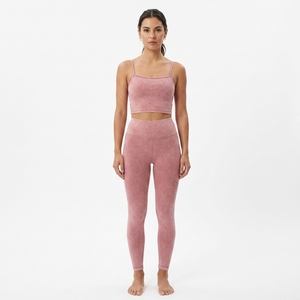 Women Pink Seamless <b>Crop</b> Top High Waist Full Length <b>Leggings</b> Yoga Set Spandex Polyester 2 Piece Activewear - Product Image 1