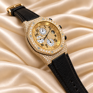 Montre chronographe tonneau pour homme en acier inoxydable Raj Gems avec incrustation de moissanite, bracelet en cuir, mouvement à quartz ETA, verre papillon 41 mm - Product Image 3