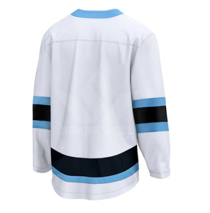 เสื้อฮอกกี้น้ำแข็งสีขาวสำหรับผู้ชาย ลายทางสีน้ำเงินและสีดำ พิมพ์ลายแบบซับลิเมชั่น ระบายเหงื่อได้ดี แขนยาว คอกลม ทรงปกติ - Product Image 1