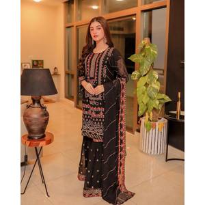 Designer Party Wear Chiffon Top and Bottom <b>with</b> Three-Quarter Sleeves and Dupatta - Product Image 6