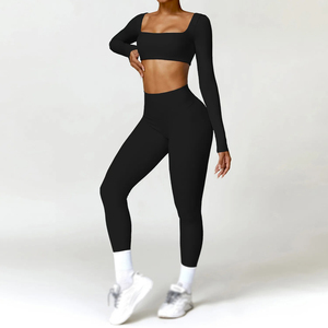 Pink Square Neck Long Sleeve <b>Crop</b> <b>Top</b> High Waist Full Length Leggings 2 Piece Yoga Set Seamless Activewear - Product Image 6
