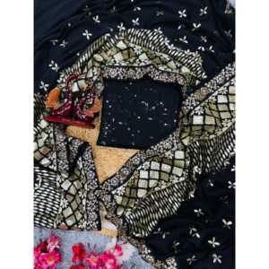 Sari Tradicional Chino de Diseño en Color Negro con Elegante Bordado Zari y Foil, Sin Coser, 600g - Product Image 5