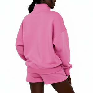 Women Casual Sweat Suit Set Half <b>Zip</b> Pullover Shorts Set Custom Logo Tracksuit - Product Image 2