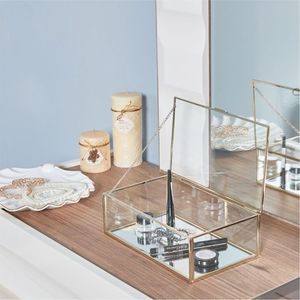 Custom Modern Geometric Brass Framed Clear Glass Storage <b>Box</b> with <b>Mirrored</b> Base Desktop Makeup Organizer Jewelry Display Case - Product Image 6