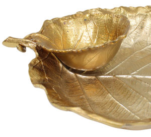 Bandeja Redonda Única con Forma de Hoja y Pequeño Recipiente para Frutos Secos, Acabado en Níquel Dorado Brillante, Plato para Servir Frutas, Decoración de Mesa, Hecho a Mano - Product Image 5