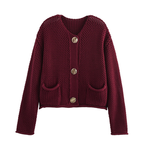 Suéter Rojo para Hombre, Color Sólido, Tejido, con Botones, Estilo Universitario y Escolar, Cuello en V, Manga Larga, Grosor Estándar - Product Image 1