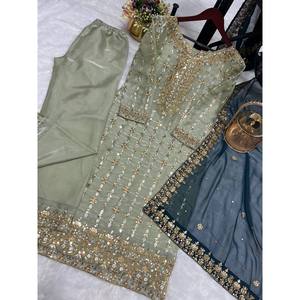 Elegante conjunto de traje de fiesta para mujer con parte superior inferior bordada y Dupatta - Product Image 3