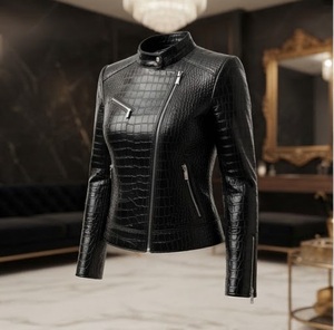 Blouson Moto Femme en Cuir PU Gaufré Façon Croco Noir, Col Montant, Manches Longues, Longueur Standard, Fermeture Éclair, Automne - Product Image 4