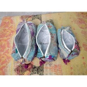 Juego de 3 Bolsas Organizadoras de Cosméticos para Mujer, Acolchadas, Vintage, Grandes, Ecológicas, Portátiles, con Cierre y Borlas, 100% Kantha, Venta al Por Mayor - Product Image 4