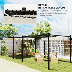 Pergola Retrattile Bianco Crema 3x3m UPF30+ con Palo in Metallo e Fissaggio Magnetico per Esterni, Villa, Cortile, Parco - Product Image 4