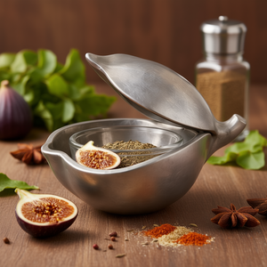 Salière en aluminium façonnée à la main – Pot à épices en métal fait main, design « figue fendue », accessoire de table pour assaisonnement - Product Image 3