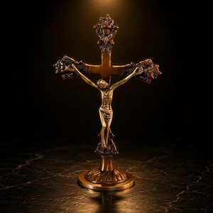 SHUBHAM Brass Cross <b>Statue</b> Die Casting Engraving <b>Religious</b> Figurine Tabletop Home Decor 11 Inches Polished Antique Brass Finish - Product Image 5