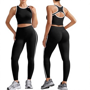 Women's 2 Piece Sporty Set Black Knitted Yoga Leggings Sports <b>Bra</b> With Side Stripe Breathable Full Length Skinny Fit - Product Image 6