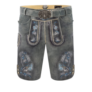 Shorts bavarois en cuir pour hommes, gris, broderie florale, pantalon traditionnel Trachten, taille haute, vêtements décontractés - Product Image 1