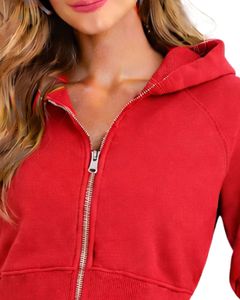 Womens <b>Cropped</b> Zip Up Hoodie <b>Red</b> Color Long Sleeve Hooded Sweatshirt Casual Streetwear Fitness Jacket Winter Fashion <b>Top</b> - Product Image 2