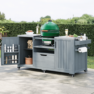 Isola da Cucina per Esterni in Legno Massello da 169 cm per Griglie Big Green Egg, Carrello Grill con Piano in Acciaio Inossidabile - Product Image 1