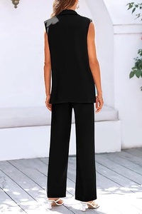 Women Sleeveless <b>Blazer</b> <b>Set</b> Solid Color Woven Fabric Notched Collar Button Front Regular Fit All Seasons Formal Two Piece Suit - Product Image 6