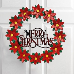 Festive Metal Merry Christmas Wreath Featuring Red Poinsettia Flowers and Green Leaves, Vibrant Holiday <b>Front</b> <b>Door</b> <b>Decoration</b> - Product Image 5