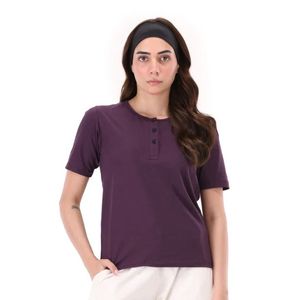 Camiseta Henley de Manga Corta para Mujer, Corte Relajado, Básica, para Uso Diario, Color Rosa Empolvado, Estilo Casual, Cuello Redondo - Product Image 1