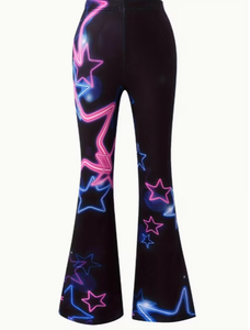 Pantalon évasé taille haute pour femme, imprimé étoiles néon Y2K, respirant, en spandex et polyester, coupe régulière, longueur intégrale, idéal pour l'été - Product Image 1