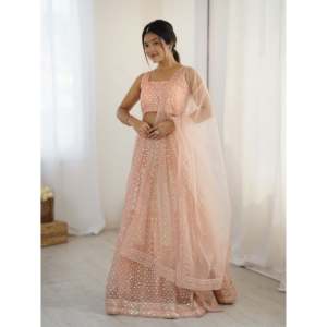 FB Handmade A-Line Embroidered Organza Lehenga Choli for Parties Featuring Rainbow <b>Sequins</b> Dori Work Crop <b>Top</b> Natural Waistline - Product Image 4