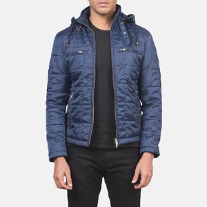 Men's Navy Hooded Quilted Down Jacket Lightweight Casual Winter Outerwear Slim Fit Zipper Closure Long Sleeve Hiking Clothing - Product Image 1