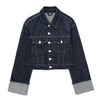 Veste en jean foncé 100 % coton écologique pour femme, manches longues, col rabattu, fermeture boutonnée simple, coupe classique