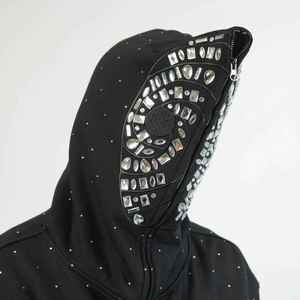 Sudadera con Capucha Negra para Hombre, Estampado de Puntos, Estilo Casual, Tejido de Punto, Manga Regular, FRENCH TERRY, para Otoño, con Pedrería Brillante - Product Image 6