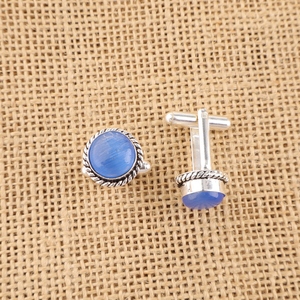 Designer Indian Handmade Dark Blue Cat's Eye Gemstone Work Cufflinks Set In Classy And Trendy 925 Sterling Silver Plated <b>Cuffs</b> - Product Image 3