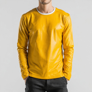 เสื้อยืดคอกลมแขนยาวหนัง PU สีเหลืองล้วนสำหรับผู้ชาย สไตล์ลำลองสำหรับฤดูใบไม้ร่วง - Product Image 3