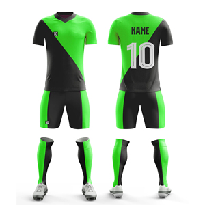 Ensemble de maillot de football pour hommes, vert et noir, avec blocs de couleur, maillot sublimé et short, évacuation de l'humidité, coupe athlétique, manches courtes - Product Image 1