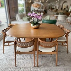 Modern <b>Solid</b> Teak <b>Wood</b> <b>Rounded</b> Square <b>Dining</b> <b>Table</b> Set with Rattan Chair Luxury Villa Furniture - Product Image 1